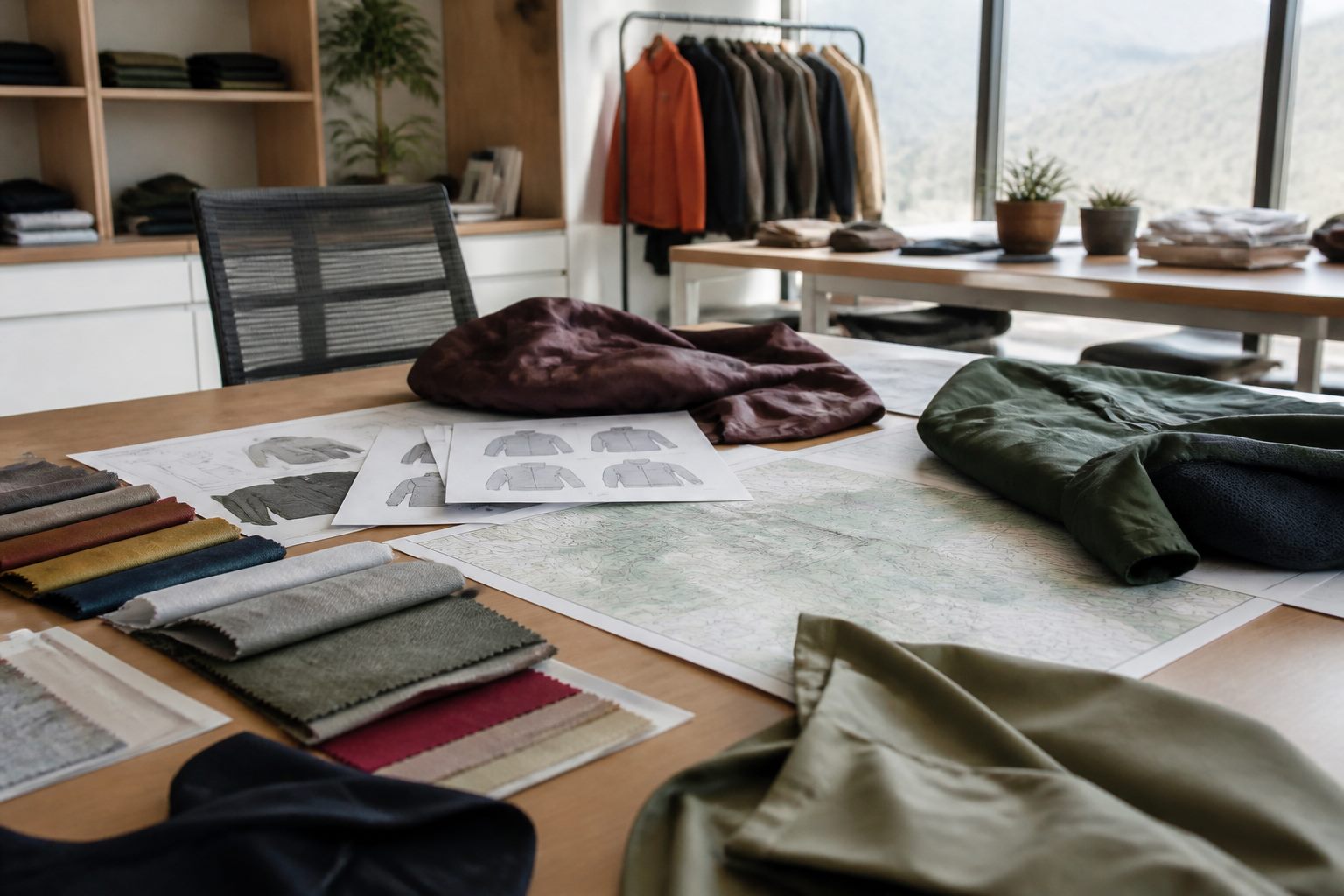 Product samples and trail maps on a studio table